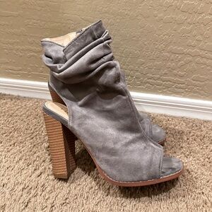 Gray Suede Peep-Toe Ankle Boots